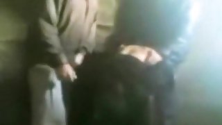 2 guys spitroast a female friend in some dump