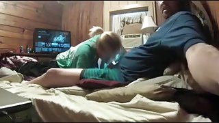 Fat nerdy guy gets a blowjob from his fat blonde gf
