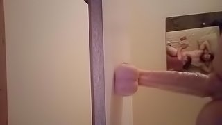 Amateur wife fucking huge dildo while sucking dick